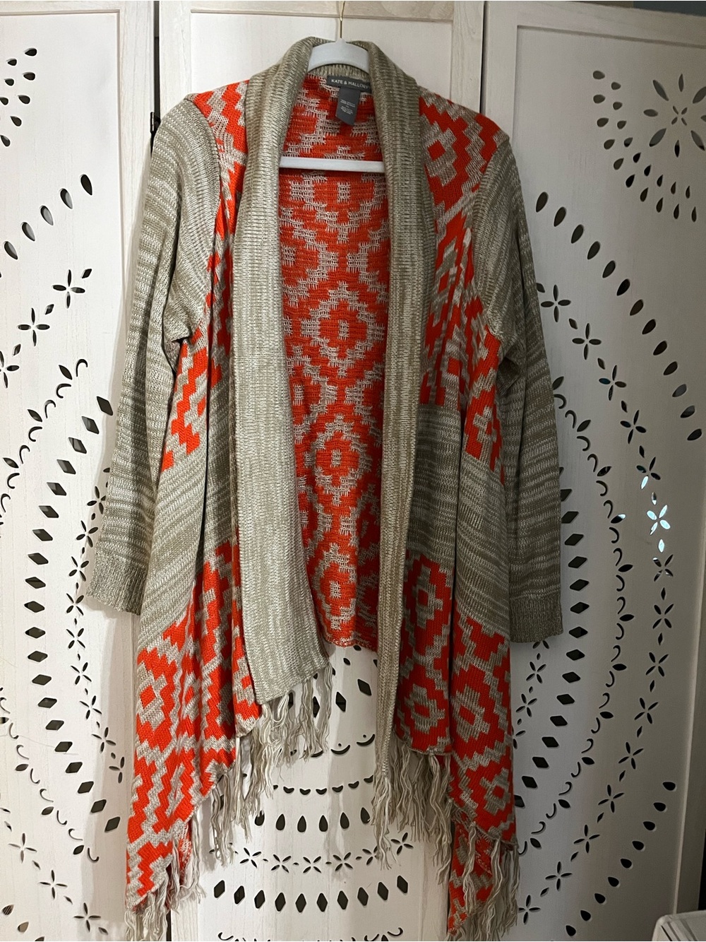 Kate & Mallory Beige and Orange Open Knit Western Vibe Cardigan